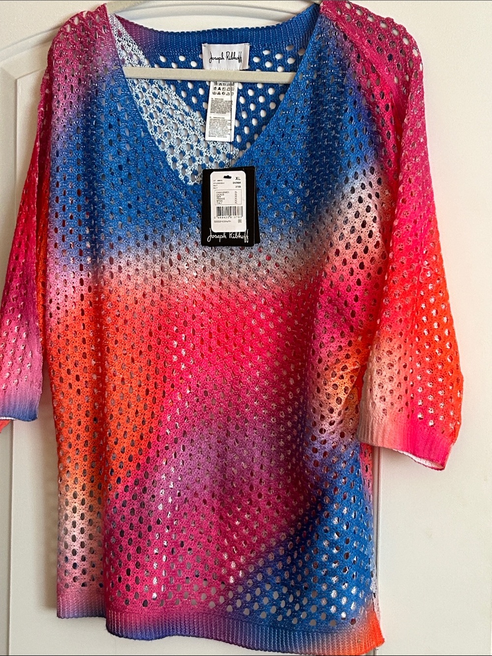 Joseph Ribkoff Vibrant Blue Pink Orange Open-Knit V-Neck Coverup